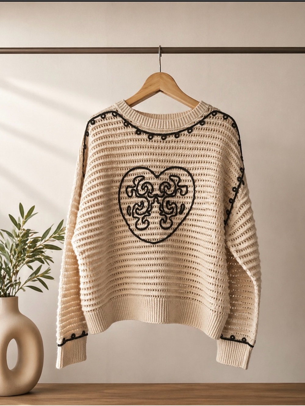 True Religion Cream Crocheted Heart Pullover Sweater with Black Trim Lg.